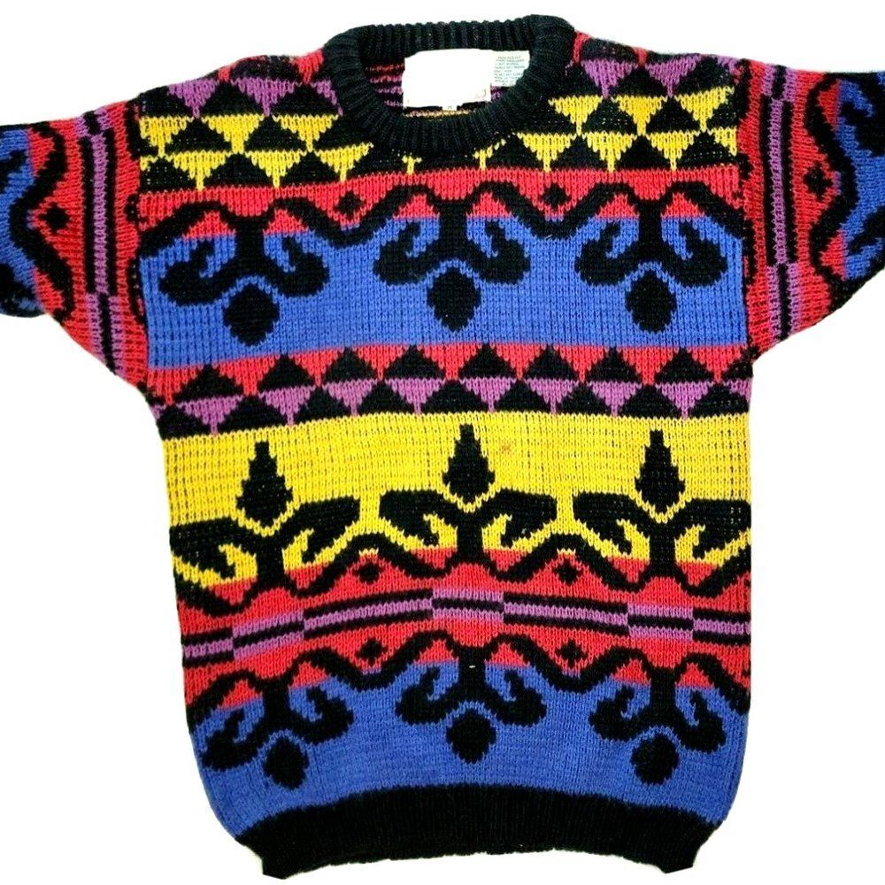 NOS Vtg 90s Organically Grown Multicolor Geometric Short Sleeve Sweater Size Med